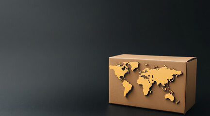 Worldwide Shipping Concept: Cardboard box with a golden world map on a dark background. Represents global delivery and international business.