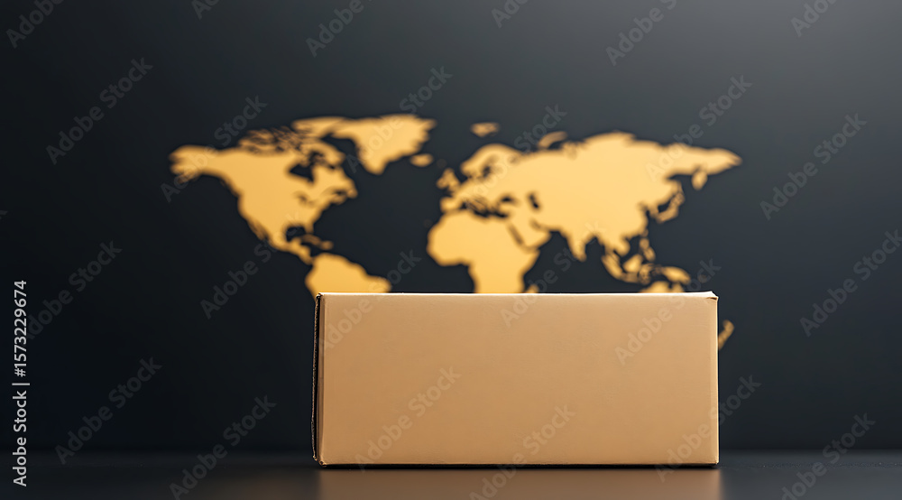 Poster global package delivery: a cardboard box sits in front of a stylized world map, symbolizing worldwid