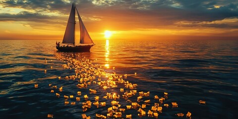 Floating messages in bottles trailing behind a sunset-bound sailboat