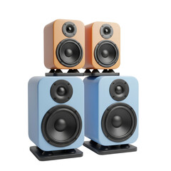 3D render of a stack of blue and orange studio monitor speakers. Isolated on transparent background, png