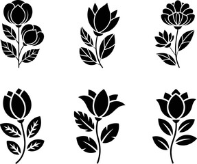 Bold Black and White Floral Vector Set – Simple Bloom Clipart Design