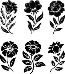 Bold Black and White Floral Vector Set – Simple Bloom Clipart Design