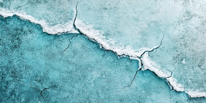 Frozen ground surface with white crack running diagonally on teal backdrop