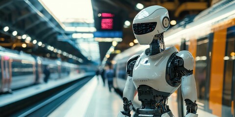 Futuristic robot assistants helping passengers board trains