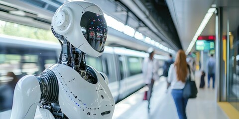 Futuristic robot assistants helping passengers board trains