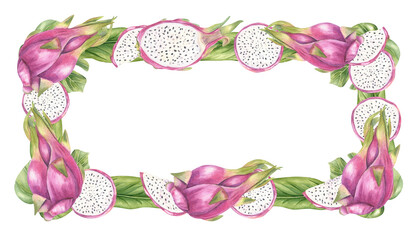 Watercolor dragon fruit and tropical leaves long horizontal border isolated background. Whole and sliced pink fruits with white flesh rectangular template with copy space for text. For juice bar decor