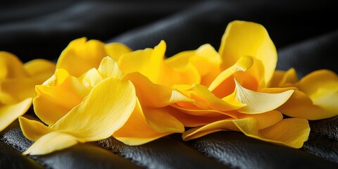 Gentle contrast of vivid yellow petals against deep leather and pale fabric
