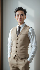 “Elegant Man’s Formal Outfit Featuring White Shirt, Beige Vest, and Black Tie for Professional Style”