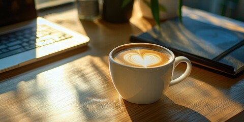 Gentle morning light on heart latte in white cup placed on neat desk