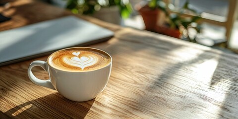 Gentle morning light on heart latte in white cup placed on neat desk