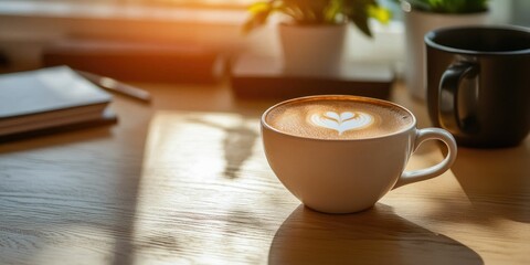 Gentle morning light on heart latte in white cup placed on neat desk
