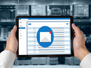 Email notification message showing on computer screen snugly. Digital marketing message information text from business to customer client