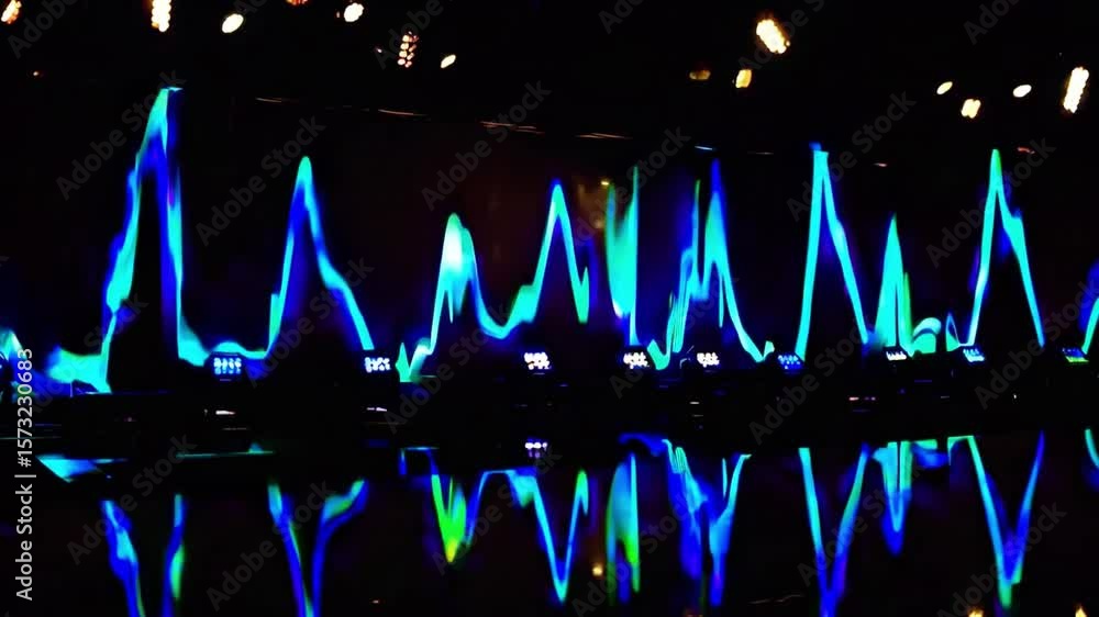 Poster vibrant light display with colorful waves and reflections in a modern concert or performance setting