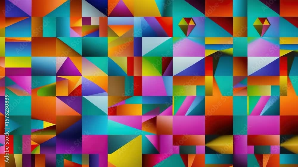 Poster vibrant and colorful abstract geometric pattern featuring triangles and squares, a modern art design