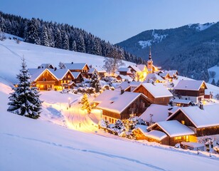 Snowy alpine village at twilight