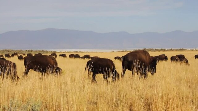A herd of Bison graze in tall grass at Antelope Island State Park in the Great Salt Lake with Wasatch Mountains in background