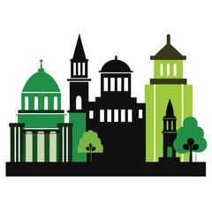 Collection of diverse city building silhouettes forming a skyline isolated on white background