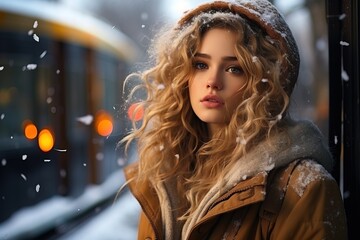 A young girl at the train station waiting for a train in winter