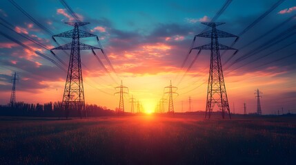 An electrical transmission line stretches across a field at sunset with a dramatic orange and blue sky over the countryside du golden hour in the evening.