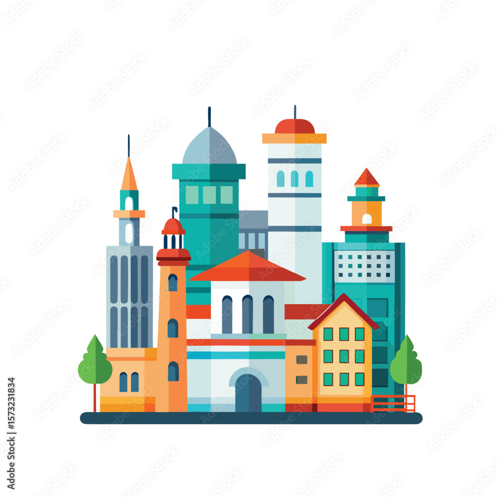Poster abstract architectural cityscape silhouette with diverse building shapes and structures isolated on 