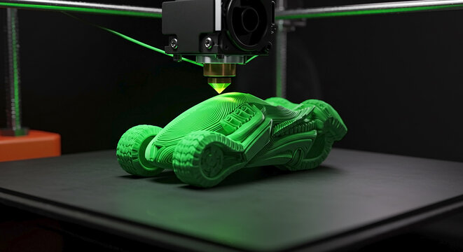 3D Printer Creating Green Sports Car Model with FDM Technology