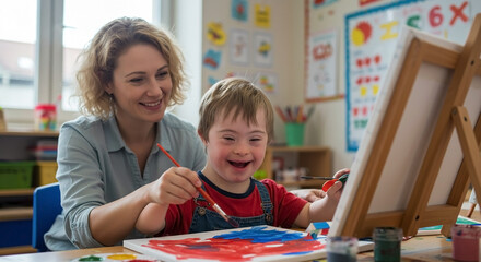 Happy child with Down syndrome painting with teacher in classroom