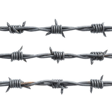 Three Detailed Closeup Shots of Gray Metal Barbed Wire Sections Isolated on White Background Showing Sharp Spikes and Twisted Wire Construction