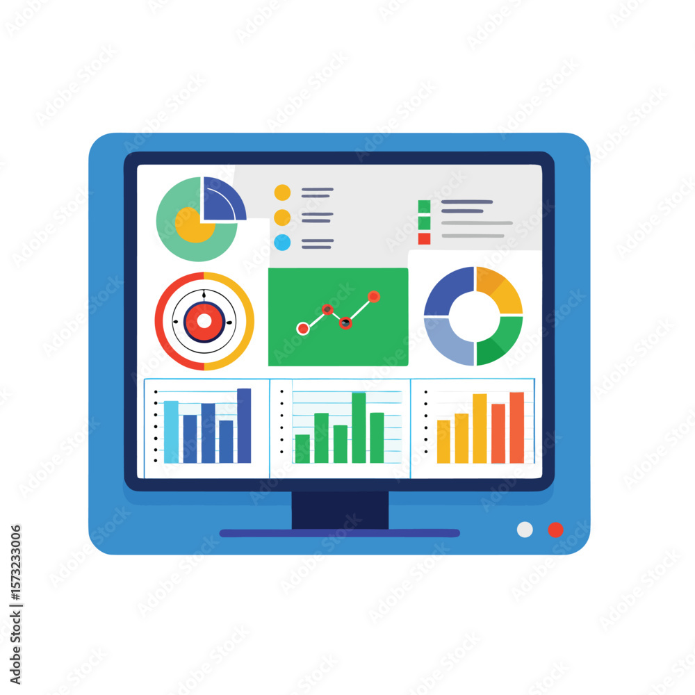 Poster modern data analytics dashboard interface elements and charts presented as a clean silhouette isolat