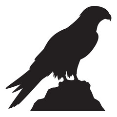 Black Silhouette of a Hawk or Falcon Perched on Rocky Cliff – Fierce Bird of Prey Illustration Ideal for Logos, Emblems, and Wildlife Designs