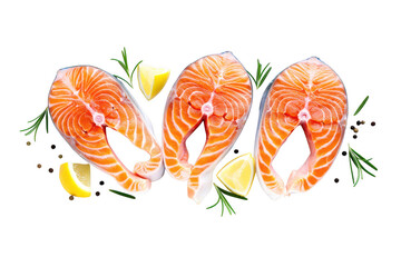 Obraz premium Three fresh salmon steaks with lemon wedges and rosemary sprigs fish seafood