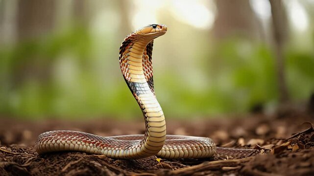 cobra snake in striking position on forest road