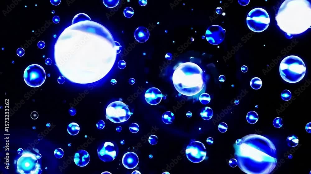 Poster vibrant blue bubbles in dark background with glowing light effects creating abstract art and visual 