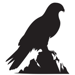 Black Silhouette of a Hawk or Falcon Perched on Rocky Cliff – Fierce Bird of Prey Illustration Ideal for Logos, Emblems, and Wildlife Designs