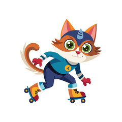Cute cat wearing colorful roller skates zooming fast, playful pet skating vector illustration on white background, fun animal sport design for kids and adults