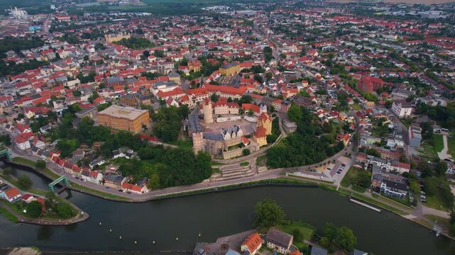 Aerial view around the old town in the city Bernburg on an sunny spring day in Germany	