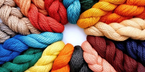 Colorful yarn balls in a circular pattern