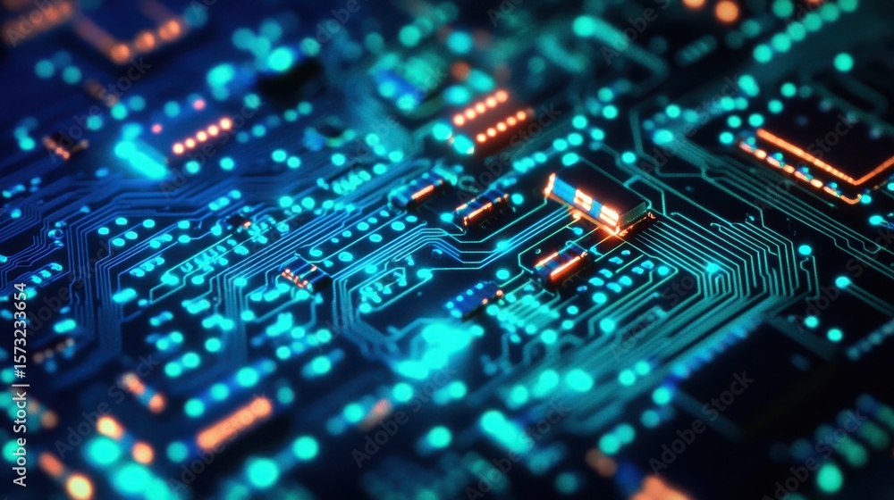 Wall mural detailed macro shot of computer circuit board with blue glow effects