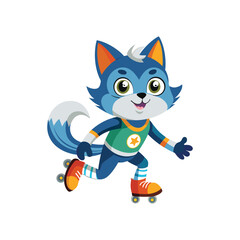 Cute cat wearing colorful roller skates zooming fast, playful pet skating vector illustration on white background, fun animal sport design for kids and adults