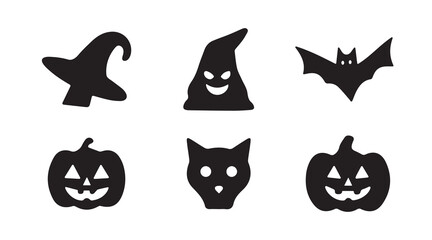halloween silhouette icons with witch hats bats pumpkins cat face perfect for spooky seasonal decoration and festive design projects