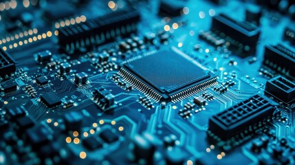 Fototapeta premium Intricate Macro Shot of Computer Circuit Board with Blue Lighting