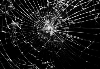 Cracked Pieces Broken Glass Hole on Black Background