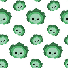 Cute cabbage seamless pattern in kawaii style. Smiling cabbage vegetable.
