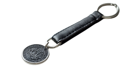 Keychain with luxury brand logo embossed on leather, background isolated on a Transparent background, PNG file.