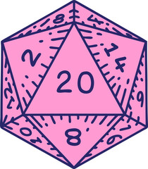 Retro Tattoo Style natural 20 D20 dice roll in bright neon color