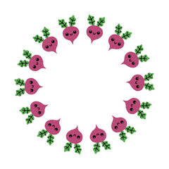 Cute beet round frame on white background. Cute vegetable.
