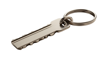 Keychain with motivational quote engraved on metal plate, background isolated on a Transparent background, PNG file.