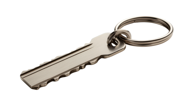 Keychain with motivational quote engraved on metal plate, background isolated on a Transparent background, PNG file.