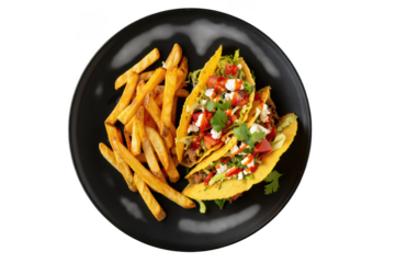 Three tacos with french fries on a plate against a mexican food