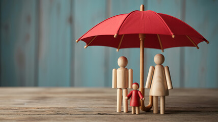 Protection: A symbolic representation of security and safeguarding, a miniature family stands sheltered beneath a vibrant red umbrella on a textured surface, symbolizing protection and care.