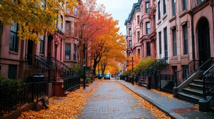 Fototapeta premium Charming Autumn Street Scene in a City Lined with Colorful Trees